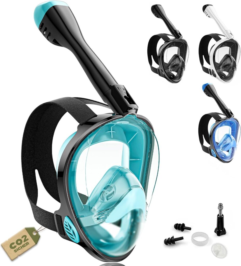 Snorkelmasker voor volwassenen, volgelaatsmasker, CO2, veilig, waterdicht en condensvrij, duikmasker met camerahouder, duikmasker met draagtas en oordopjes